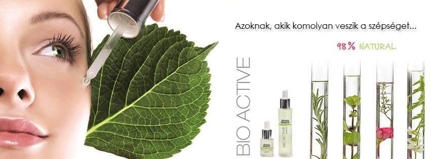 Bio Active kozmetikai termékek, növényi motívummal és arckezelést bemutató képpel